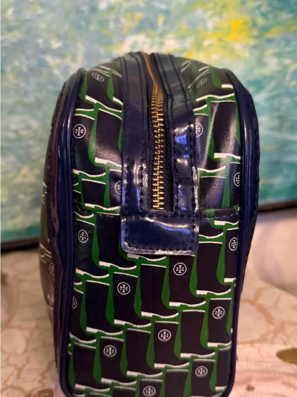Tory Burch Large Blue and Green Logo Cosmetic